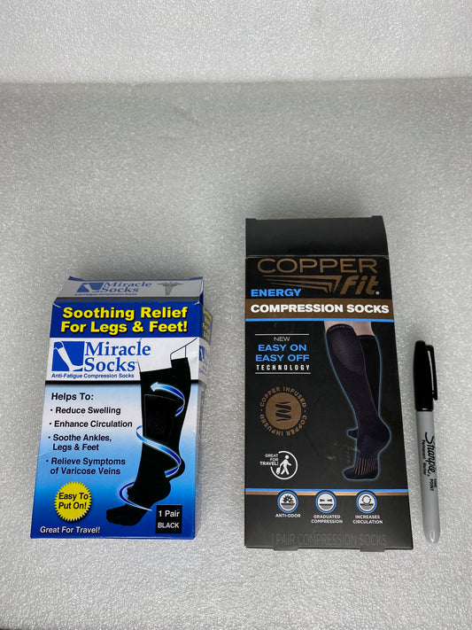 #104 - lot Of 2 Compression Sock Pairs, Size S/M & L/XL, Black - (AS SHOWN)$$