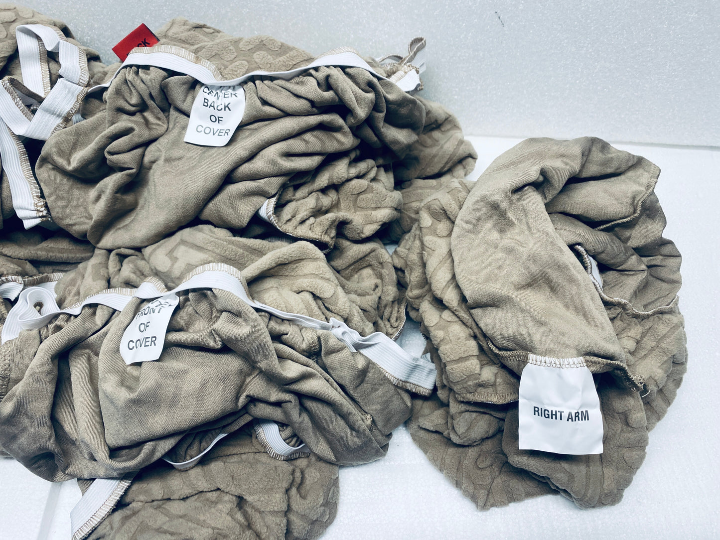 #146 - brown 8pc. 3 Seat Sofa Covers - (READ) - (IN CONDITION AS SHOWN)