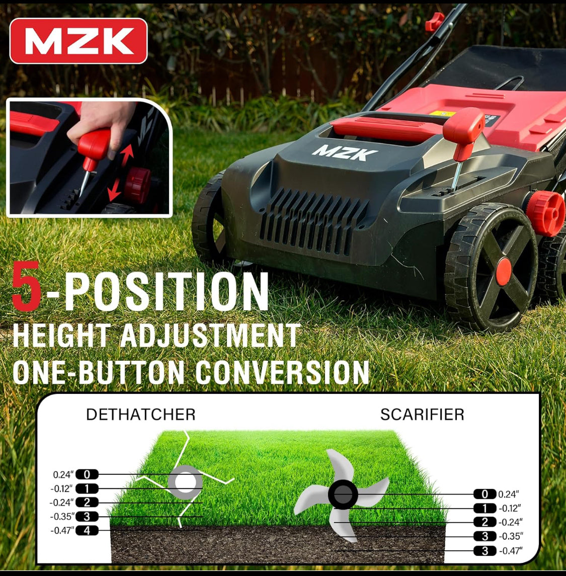 MZK 15" Electric Dethatcher/Scarifier With 5-Positions & 12 Gal Collect Bag-READ