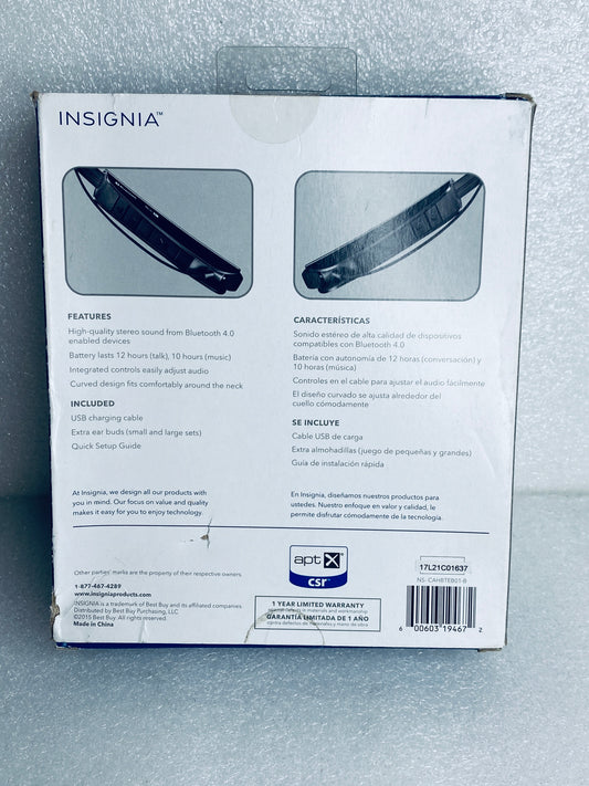 Insignia NS-CAHBTEB01-B Wireless Bluetooth In-Ear Headset, W/ Microphone – READ