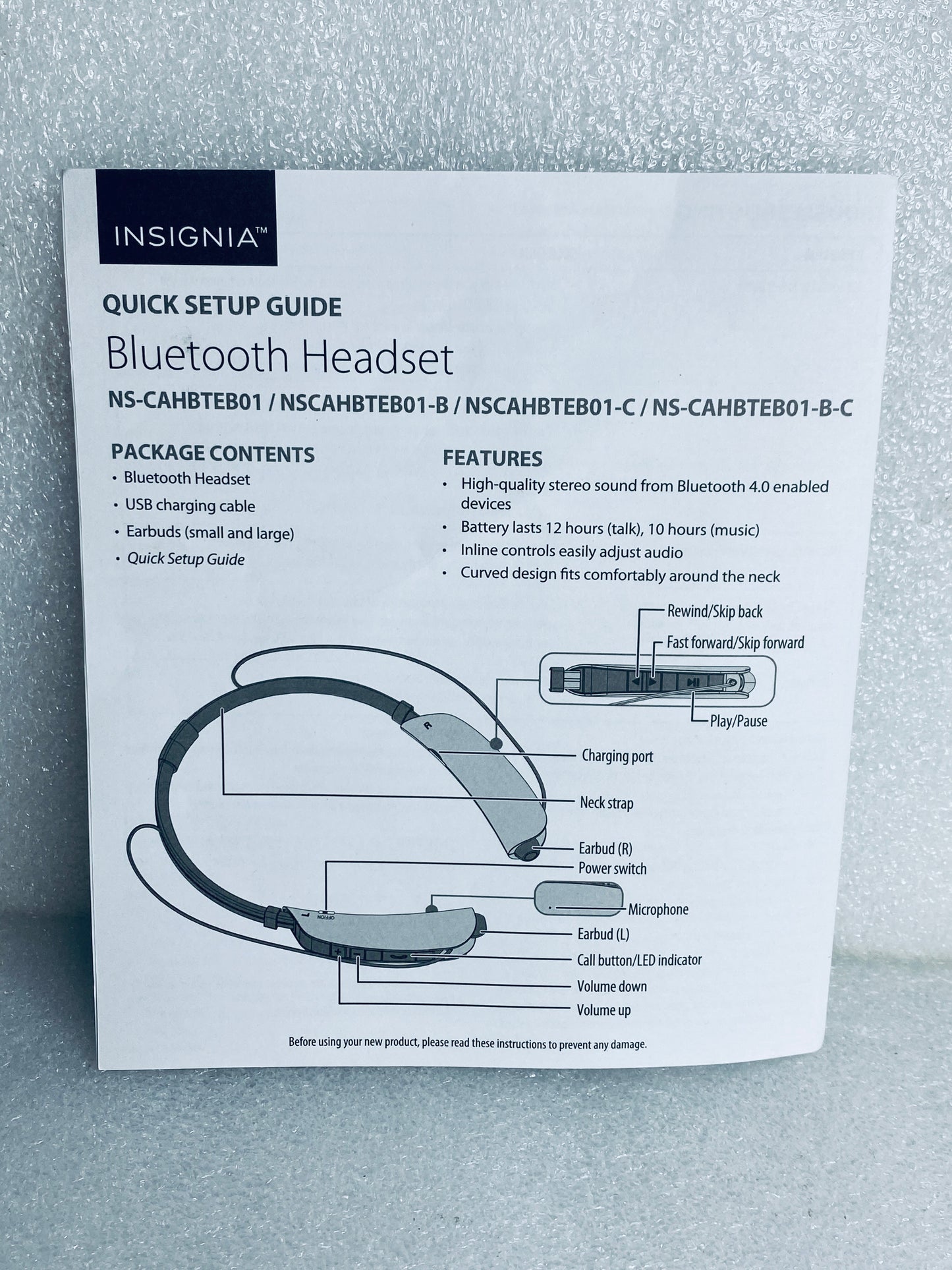 Insignia NS-CAHBTEB01-B Wireless Bluetooth In-Ear Headset, W/ Microphone – READ