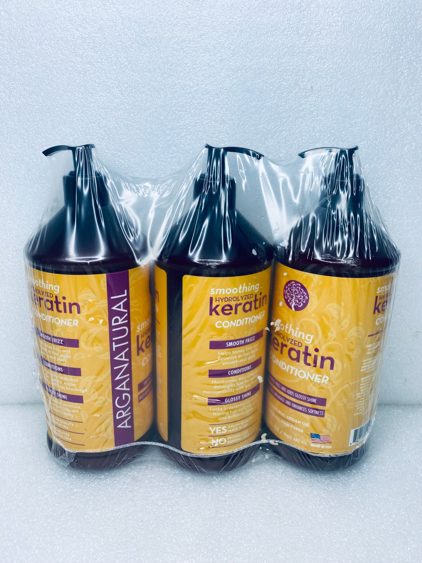 #76 - lot of 3 New Arganatural 32 fl oz (Each) Hydrolyzed Keratin Conditioners - (READ) - (IN CONDITION AS SHOWN)