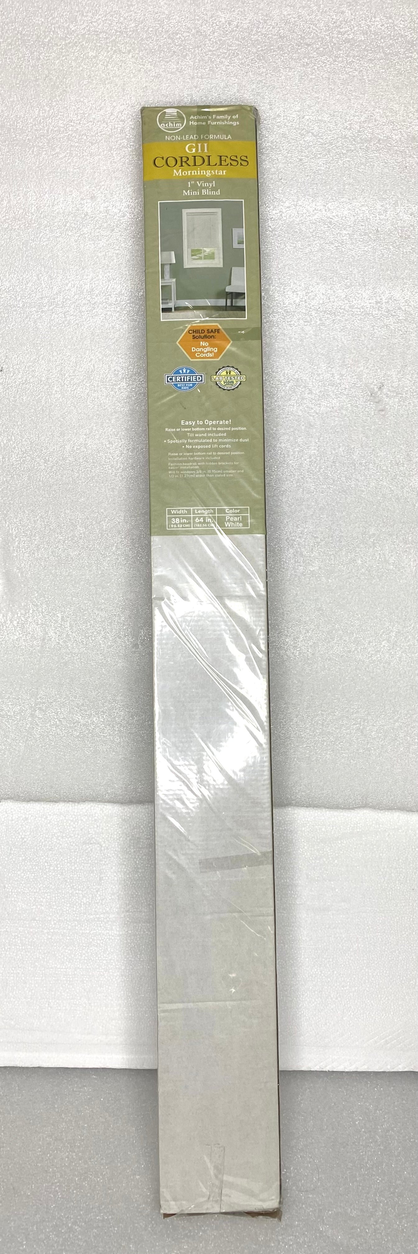 new - Cordless GII Morningstar 1" Vinyl Mini Blind, 38" W x 64" L, Pearl White