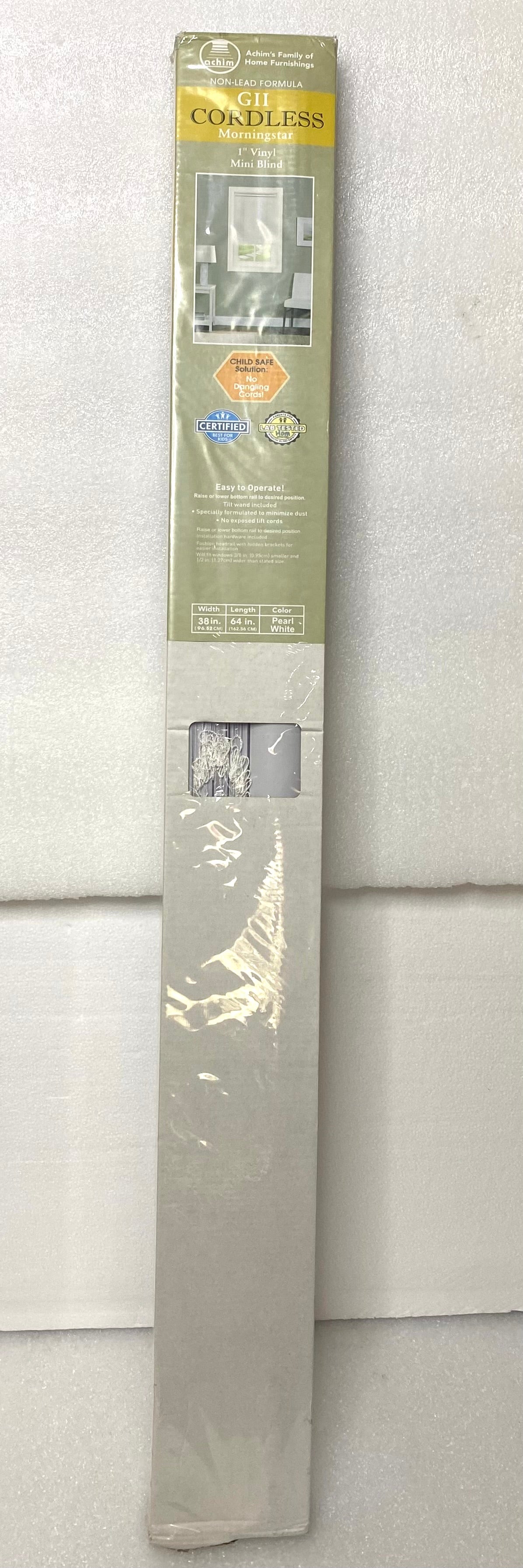 new - Cordless GII Morningstar 1" Vinyl Mini Blind, 38" W x 64" L, Pearl White