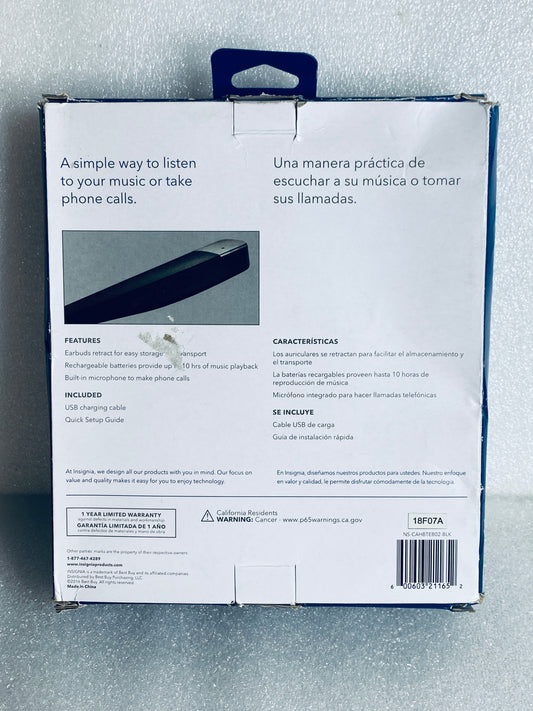 insignia Wireless Bluetooth In-Ear Headset W/Microphone, NS-CAHBTEB02 - (READ)