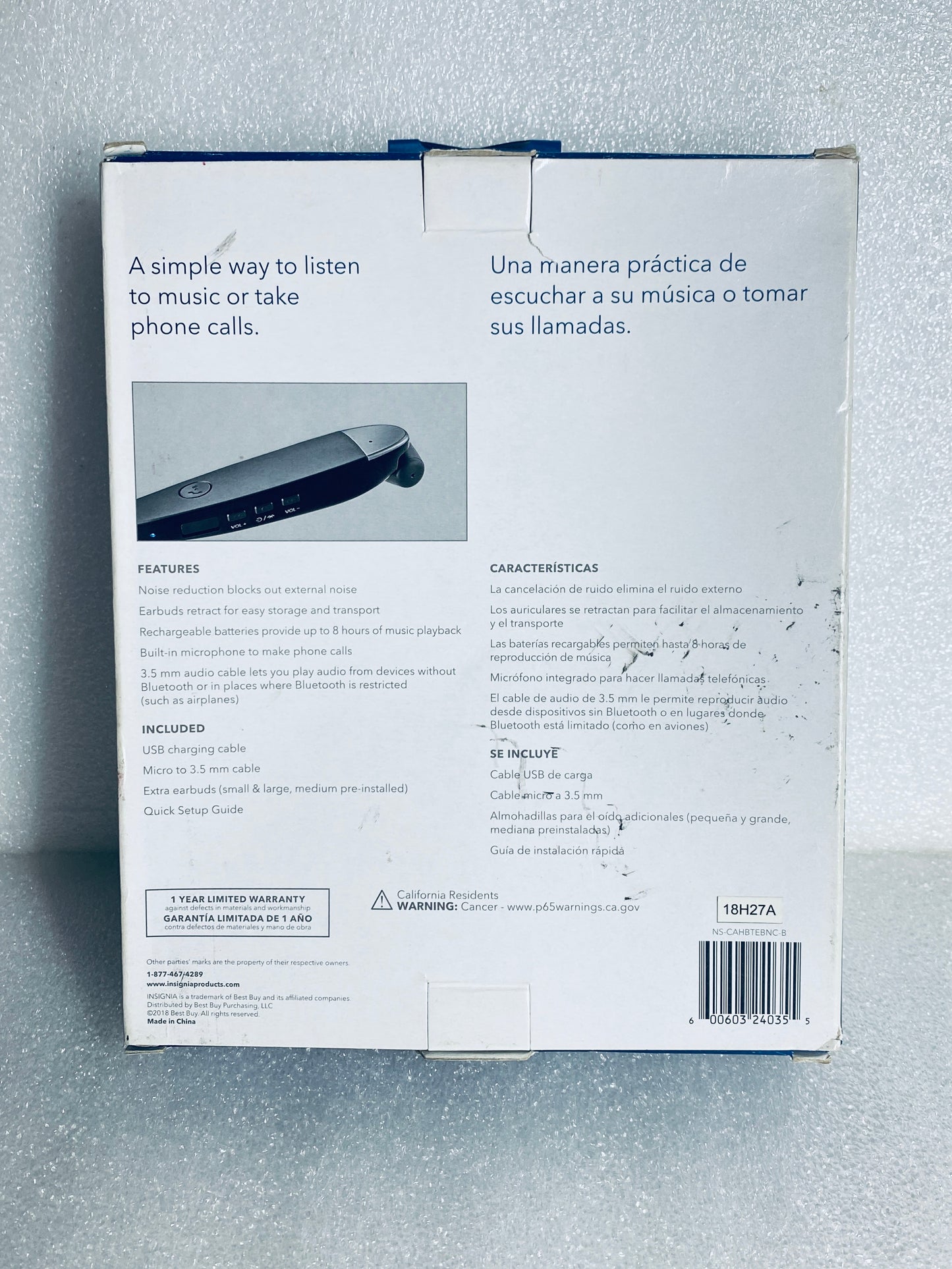 insignia Wireless Bluetooth In-Ear Headset W/Microphone, NS-CAHBTEBNC - (READ)