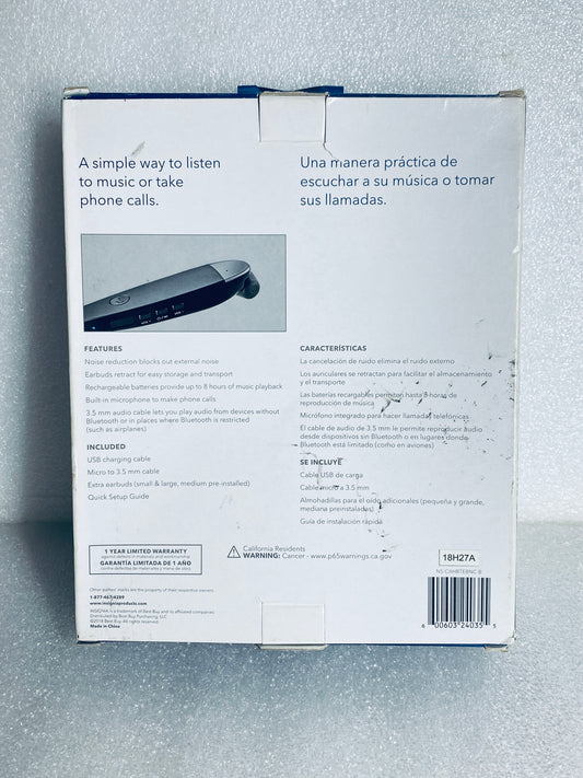 insignia Wireless Bluetooth In-Ear Headset W/Microphone, NS-CAHBTEBNC - (READ)