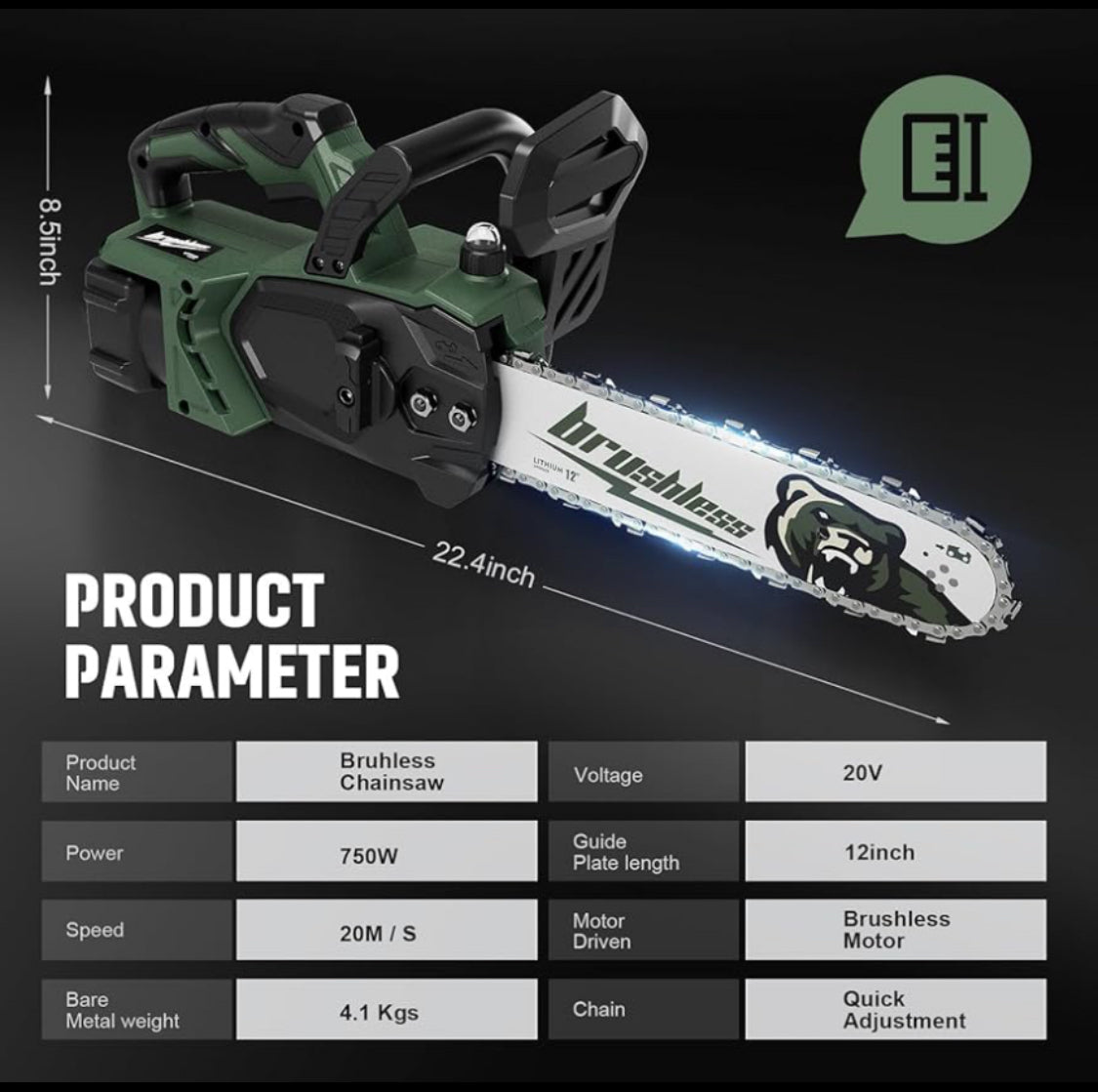 New Open Box - SharkLogger 20V 12" Cordless Chainsaw W/ (2) Batteries & Charger