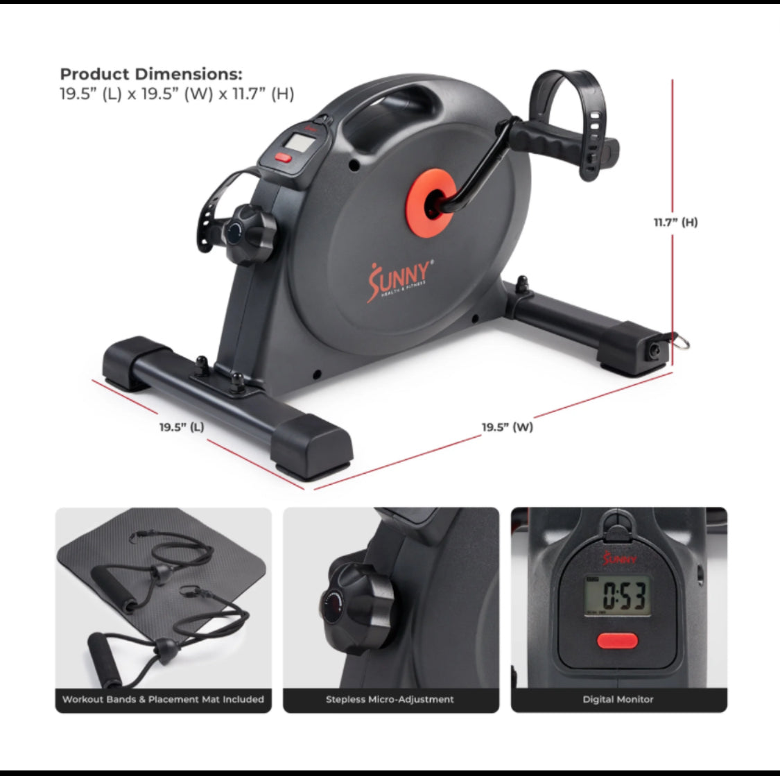 New Other-Sunny Health & Fitness Smart Mini Pedal Exerciser W/ Resistance Bands