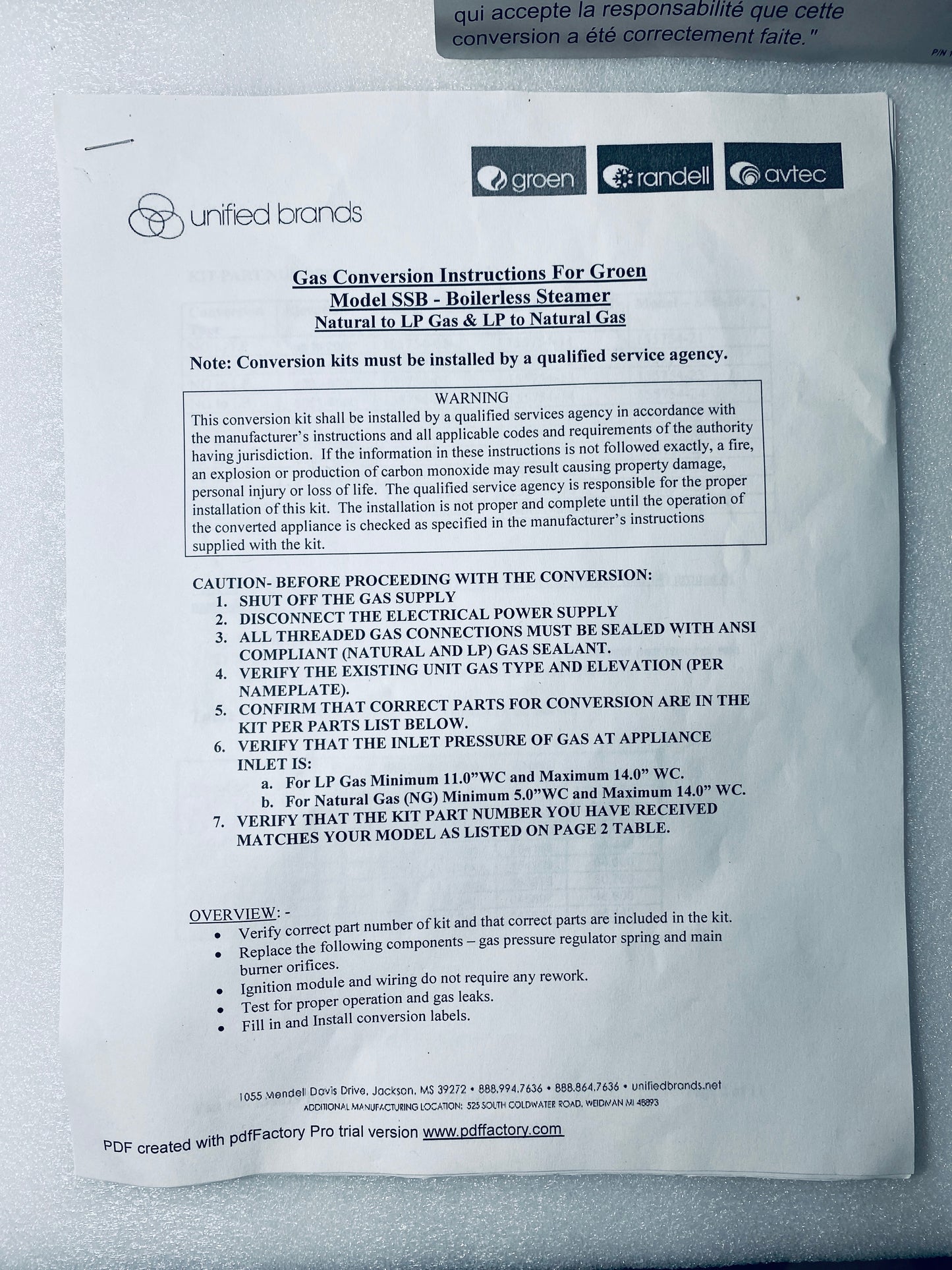 new - Groen Gas Conversion Kit, SSB-5G