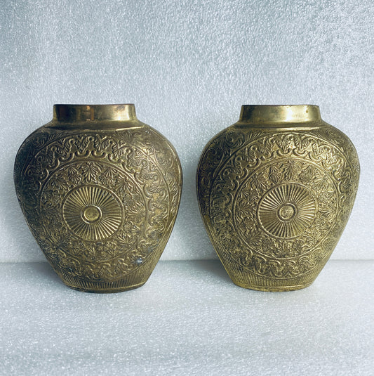 lot of 2 - Vintage Metal Engraved Vases Approx. 5 1/4” x 4 3/4" x 2" Each