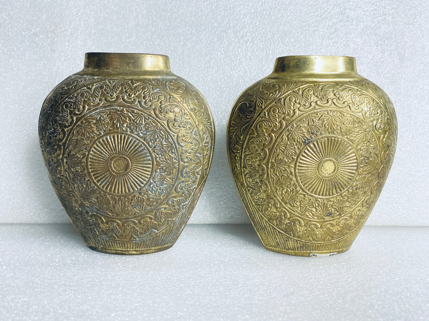 lot of 2 - Vintage Metal Engraved Vases Approx. 5 1/4” x 4 3/4" x 2" Each