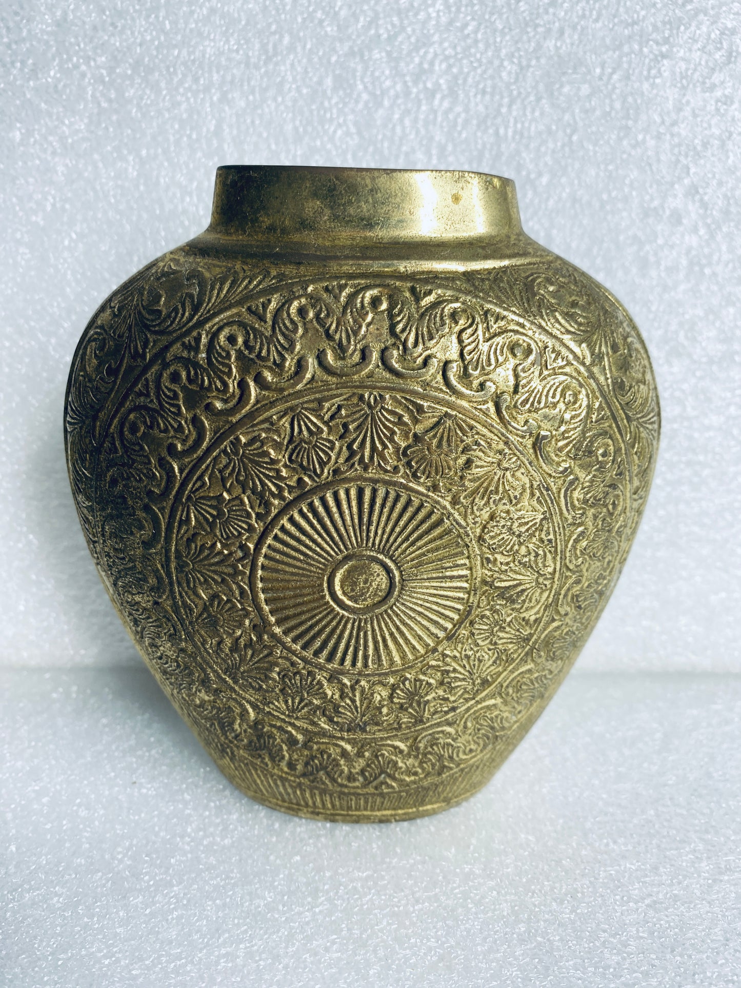 lot of 2 - Vintage Metal Engraved Vases Approx. 5 1/4” x 4 3/4" x 2" Each