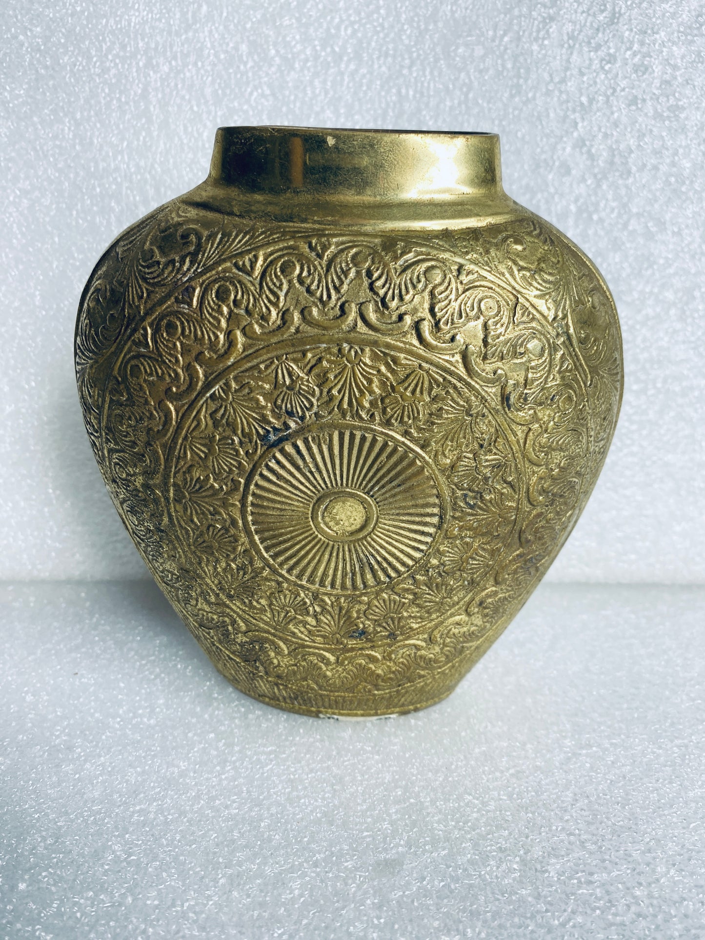 lot of 2 - Vintage Metal Engraved Vases Approx. 5 1/4” x 4 3/4" x 2" Each