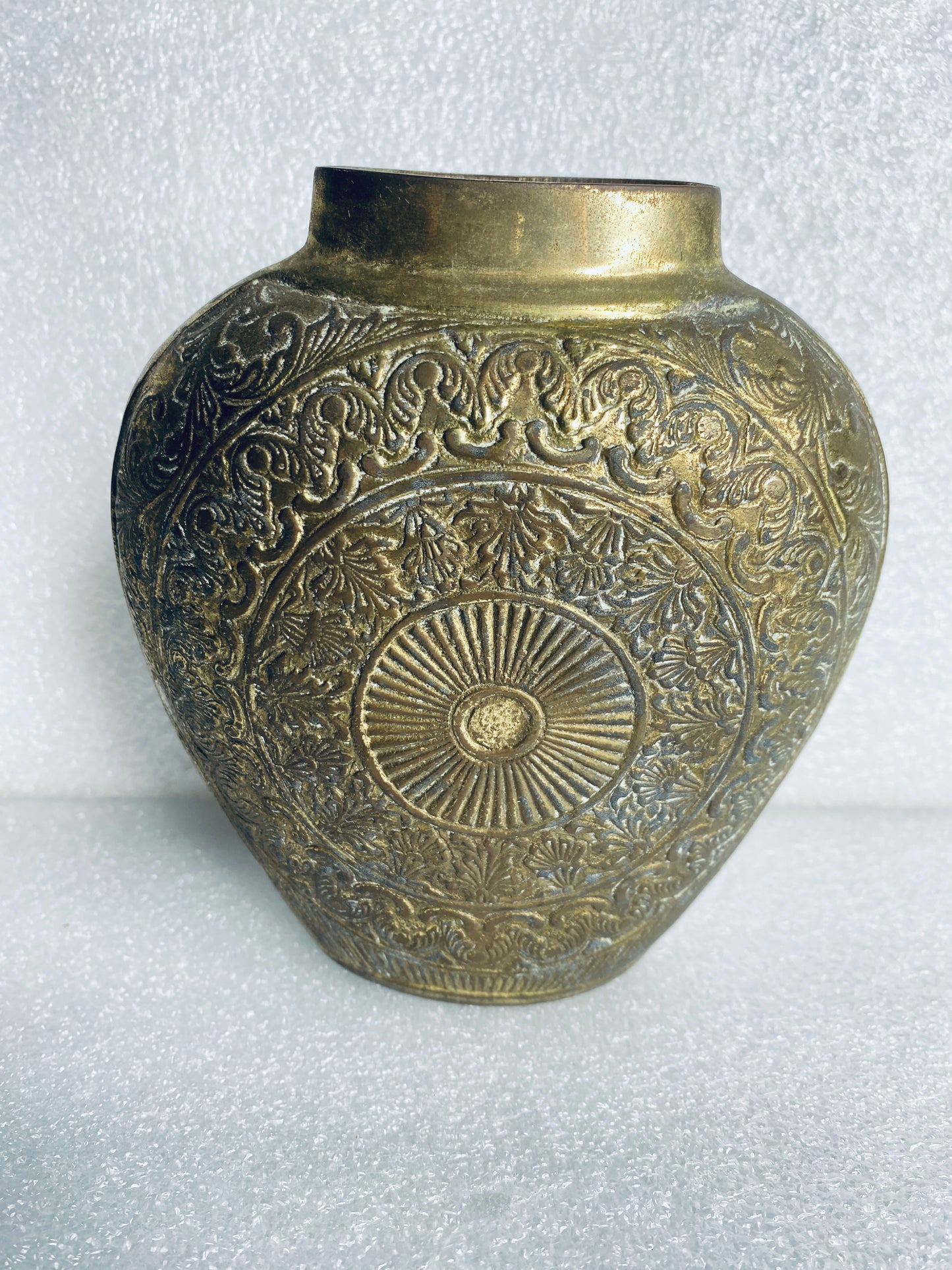 lot of 2 - Vintage Metal Engraved Vases Approx. 5 1/4” x 4 3/4" x 2" Each