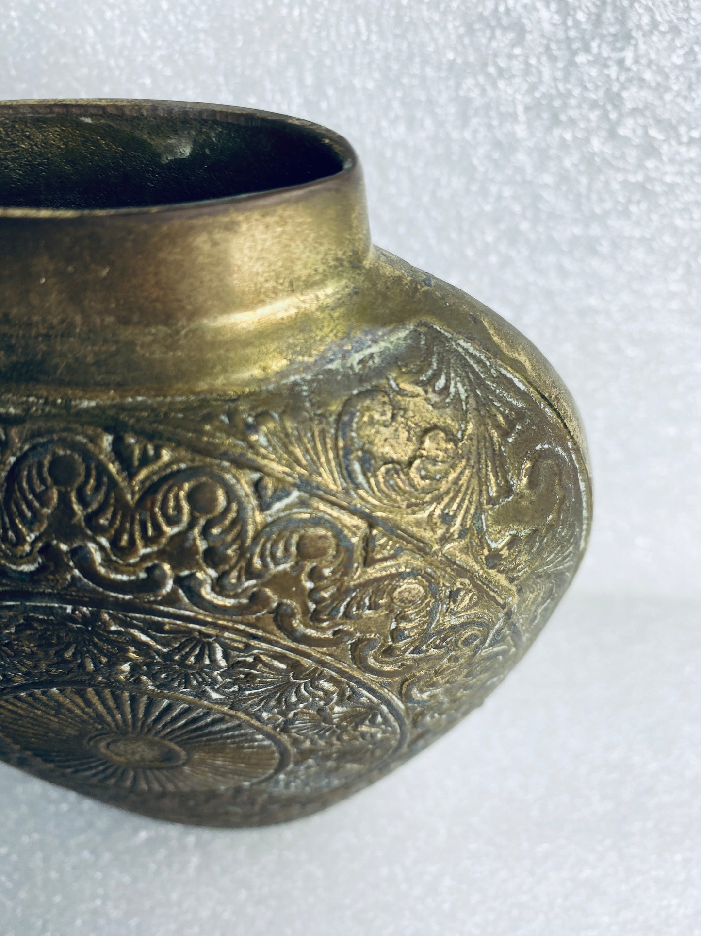 lot of 2 - Vintage Metal Engraved Vases Approx. 5 1/4” x 4 3/4" x 2" Each