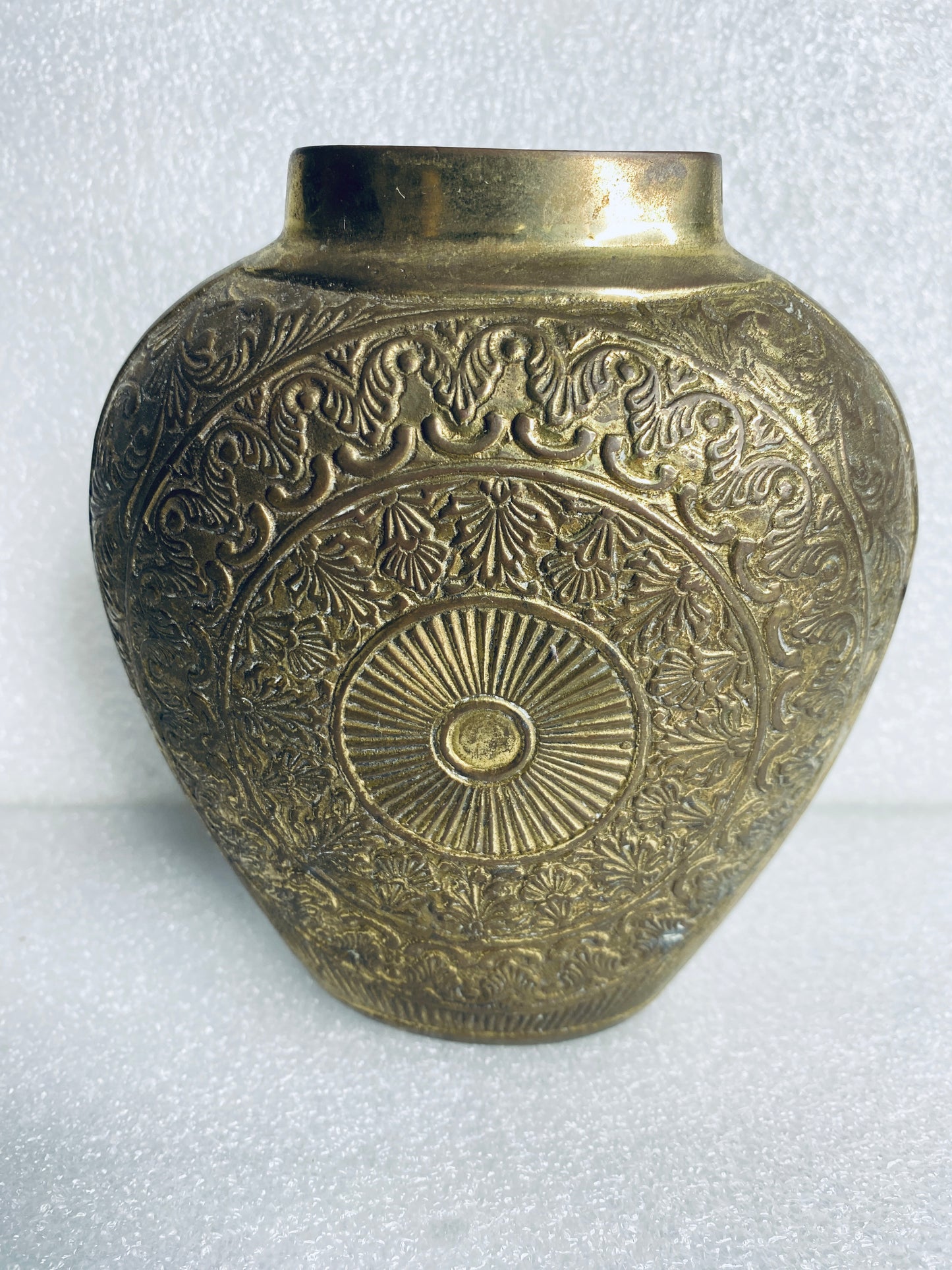 lot of 2 - Vintage Metal Engraved Vases Approx. 5 1/4” x 4 3/4" x 2" Each