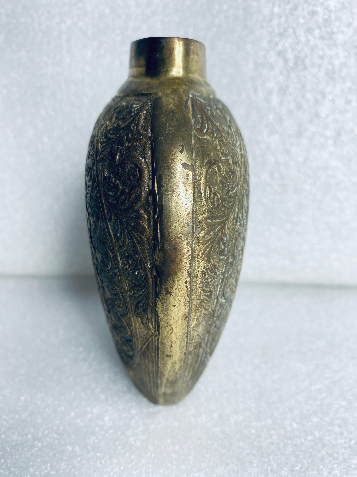 lot of 2 - Vintage Metal Engraved Vases Approx. 5 1/4” x 4 3/4" x 2" Each