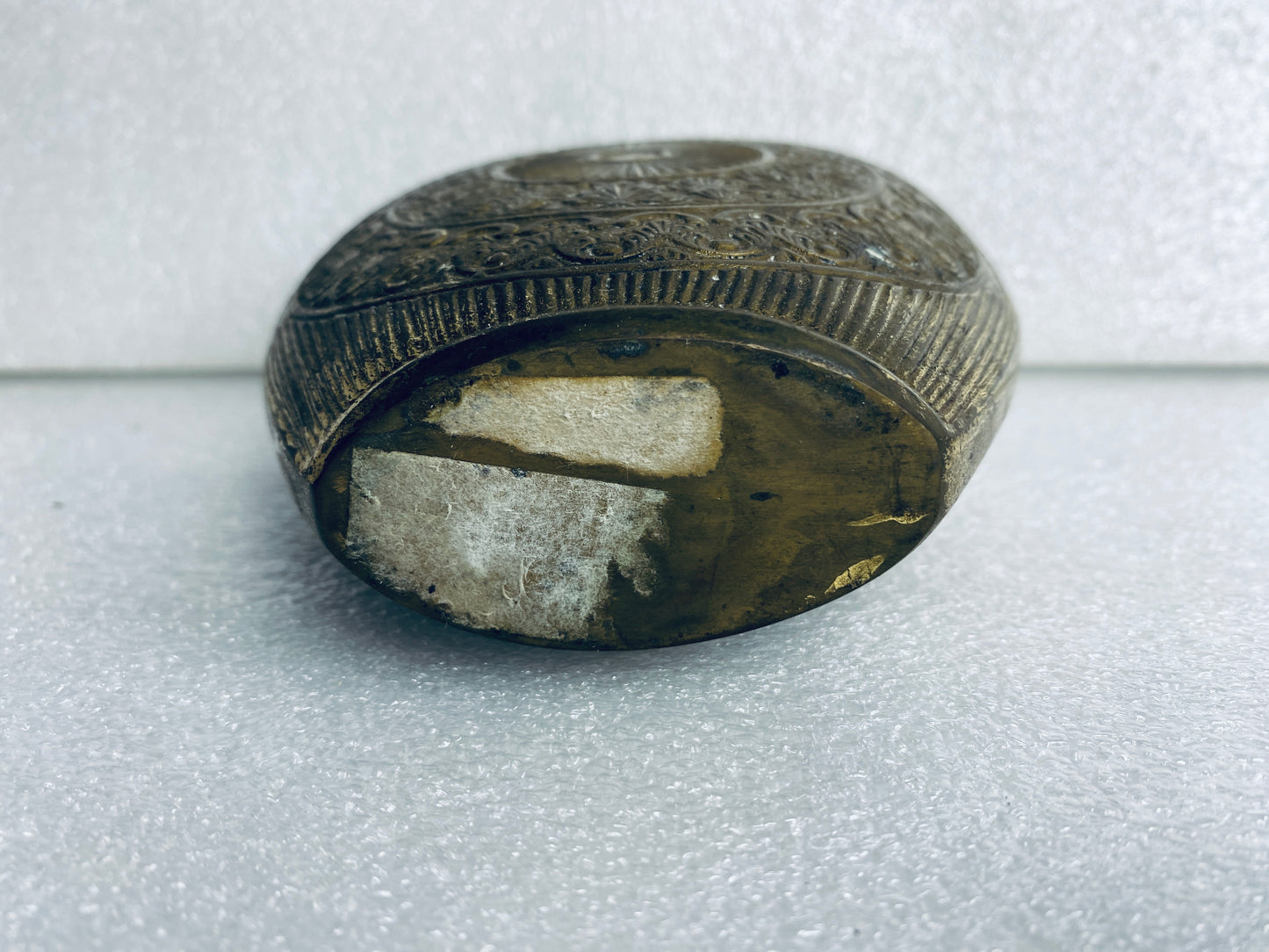 lot of 2 - Vintage Metal Engraved Vases Approx. 5 1/4” x 4 3/4" x 2" Each