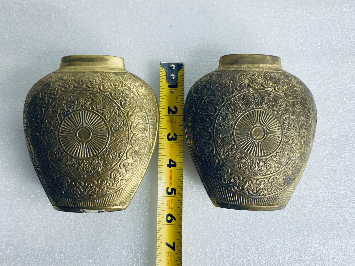 lot of 2 - Vintage Metal Engraved Vases Approx. 5 1/4” x 4 3/4" x 2" Each