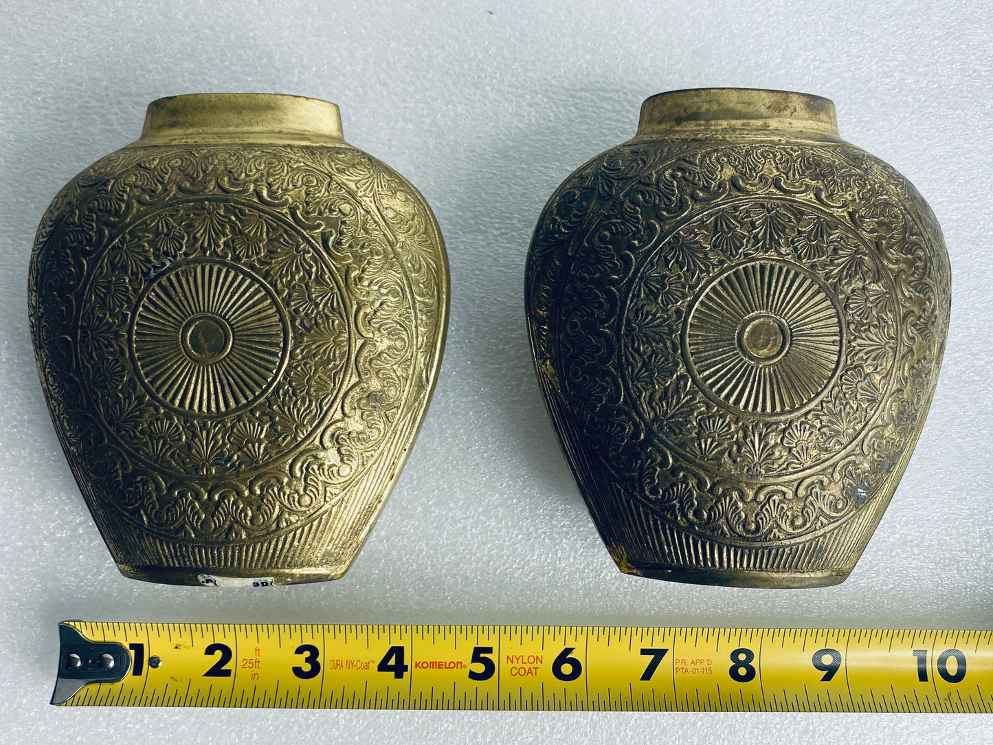 lot of 2 - Vintage Metal Engraved Vases Approx. 5 1/4” x 4 3/4" x 2" Each