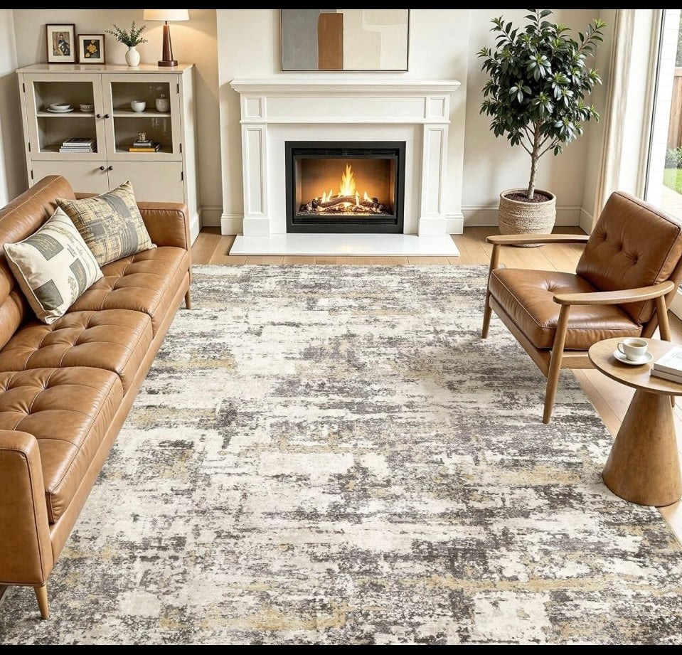 New Jessibou 9’ x12’ Living Room Abstract Washable Area Rug, Gold Brown
