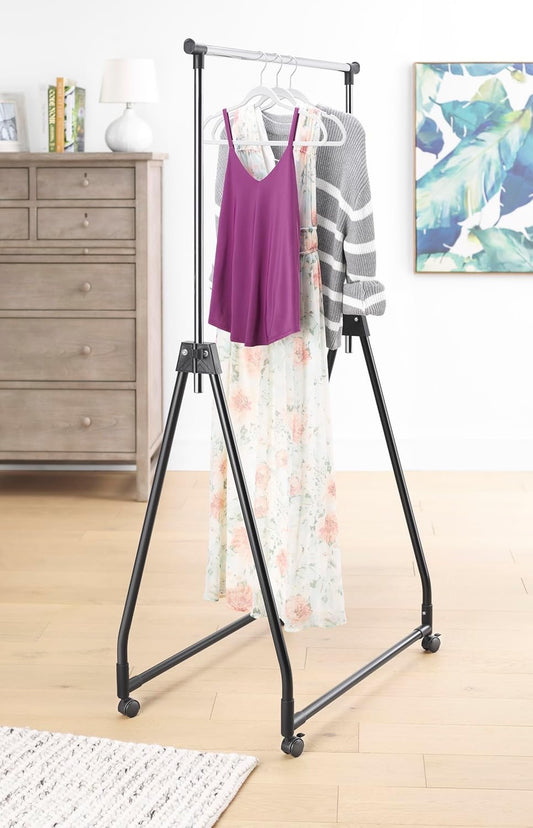 #71 - whitmor Folding Rolling Garment Rack, 38.5" - 66.25", 6765-7519-B - (READ) - (IN CONDITION AS SHOWN)
