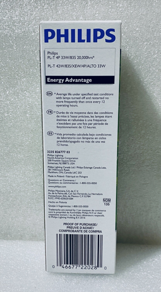 #188 - Lot Of 2 New - Philips Energy Advantage PL-T 835/4P/XEW Alto 33W, 4 Pin - (AS SHOWN)