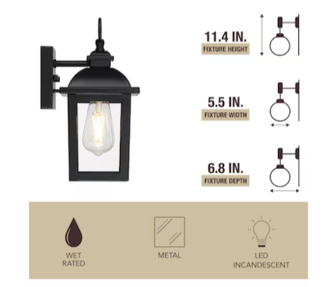 new Other-allen + roth Belford 11.4” H Hardwired Outdoor Wall Light, Matte Black