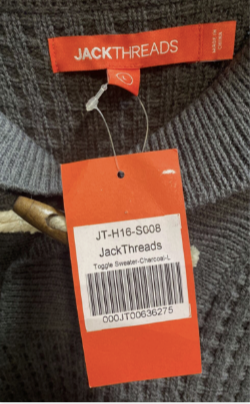 new With Tags - Jack Threads Men's Toggle Sweater Large Charcoal, JT-H16-S008