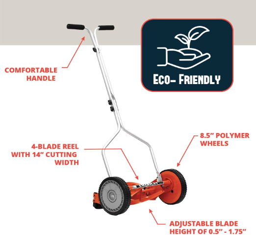 American Lawn Mower Company 14-Inch 4-Blade Push Reel Lawn Mower, Red
