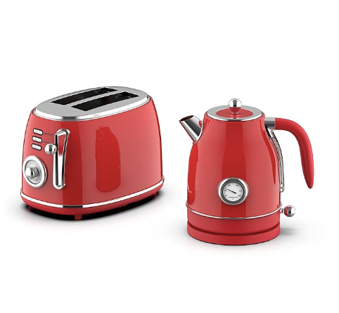 New MegaChef 1.7 Liter Electric Kettle & 2 Slice Toaster In Matte Cream Red