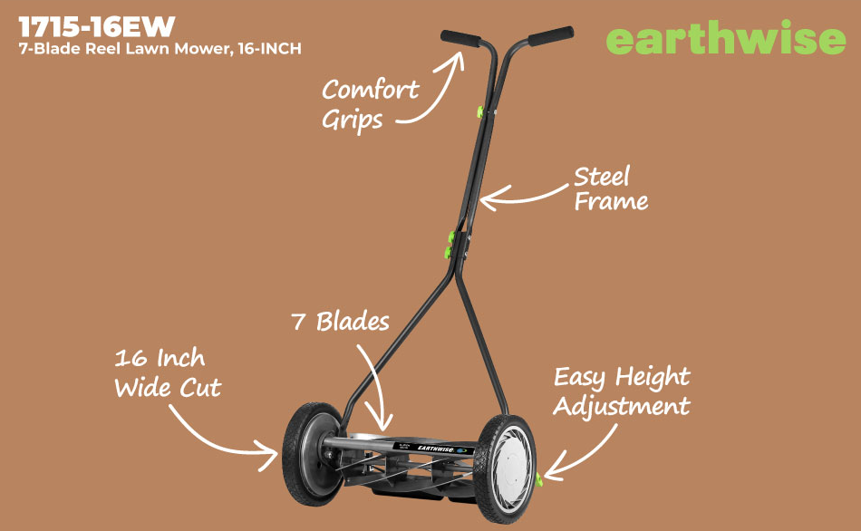 Earthwise 16-Inch 7-Blade Push Reel Lawn Mower, Grey