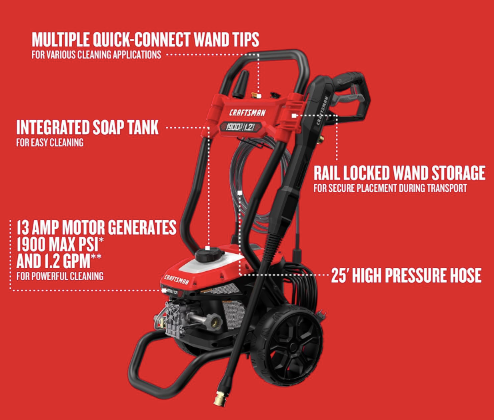 CRAFTSMAN 1900PSI Electric Cold Water Pressure Washer, 1.2-GPM