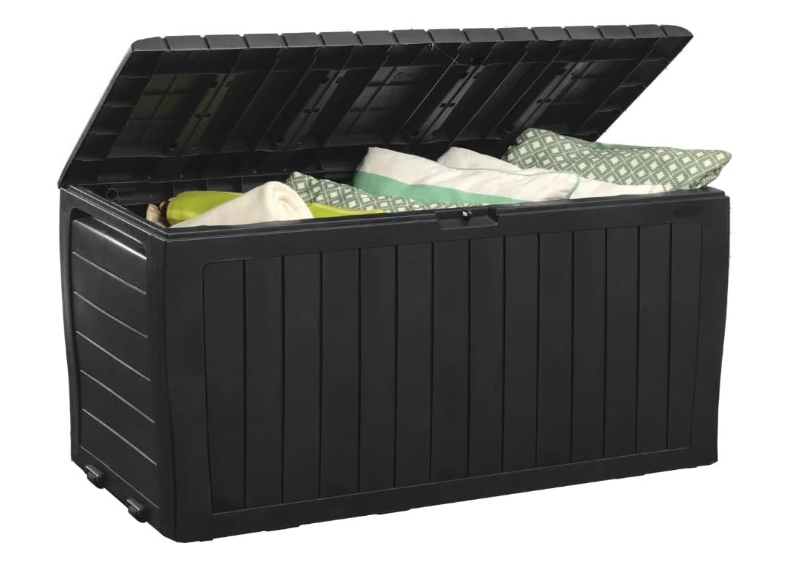 New Keter Marvel Plus 71 Gallon Resin Deck Box For Patio Storage, Dark Grey
