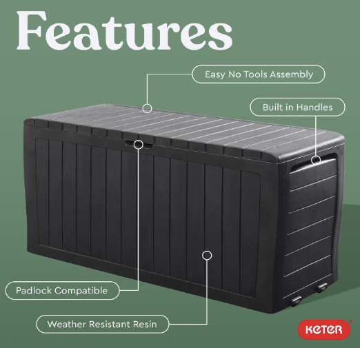 New Keter Marvel Plus 71 Gallon Resin Deck Box For Patio Storage, Dark Grey