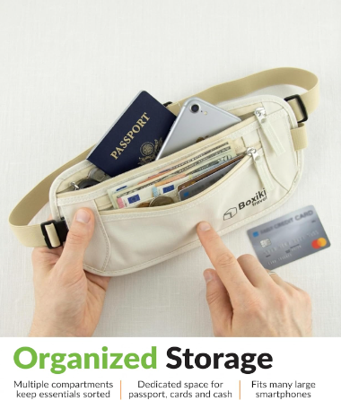 New Boxiki RFID Blocking Money Belt For Travel With Adjustable Strap, Beige