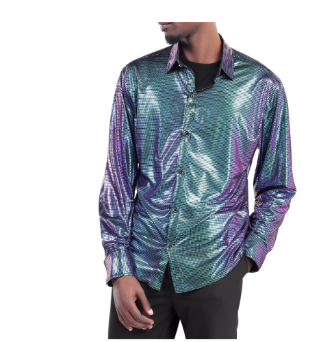 New CloudStyle Men's Small Glossy Fashion Gilded Check Lapel Long Sleeve Shirt