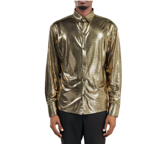 New CloudStyle Men's Large Glossy Fashion Gilded Check Lapel Long Sleeve Shirt