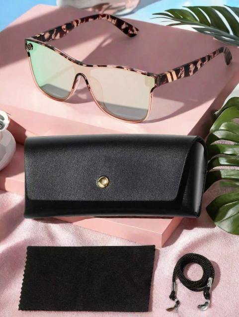 New Polasup Pink Women's Streamlined Reflective Oversized Sunglasses With Case