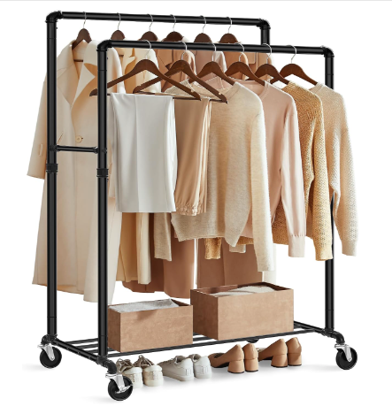 New Other SONGMICS Heavy-Duty Clothes Rack, Double-Rod, Metal Frame On Wheels