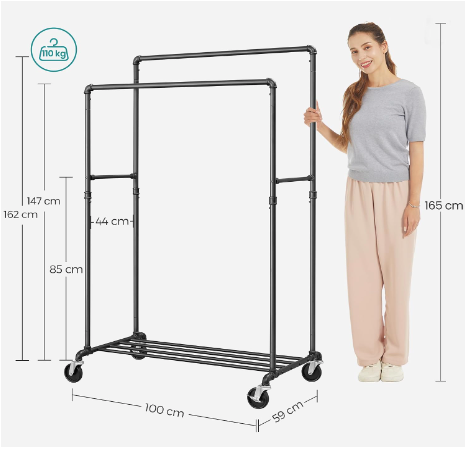 New Other SONGMICS Heavy-Duty Clothes Rack, Double-Rod, Metal Frame On Wheels