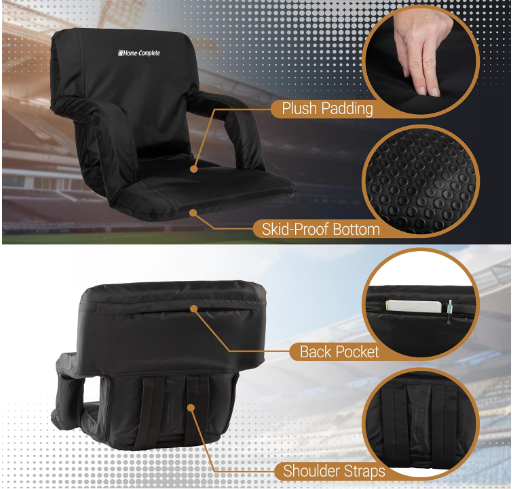 New Open Box Home-Complete Reclining Stadium Seat Cushion With Back Support, Black