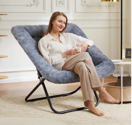 New Open Box DUMOS Soft Faux Fur Folding Lounge Chair, Gray