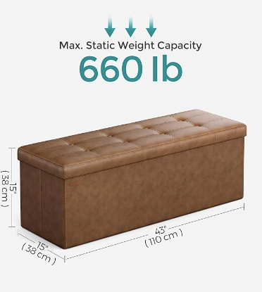 New Open Box SONGMICS 43.3" Folding Storage Ottoman Bench, Coffee Brown