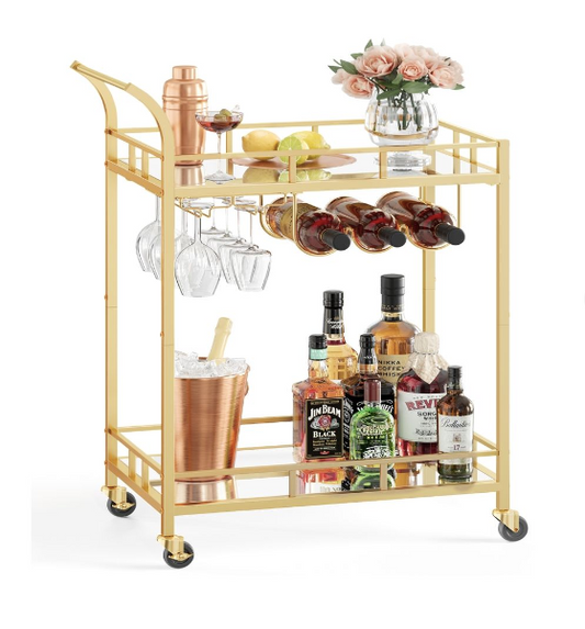 New Open Box VASAGLE Home Bar Serving Cart With 2 Mirrored Shelves, Gold