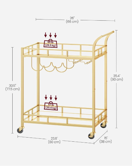 New Open Box VASAGLE Home Bar Serving Cart With 2 Mirrored Shelves, Gold