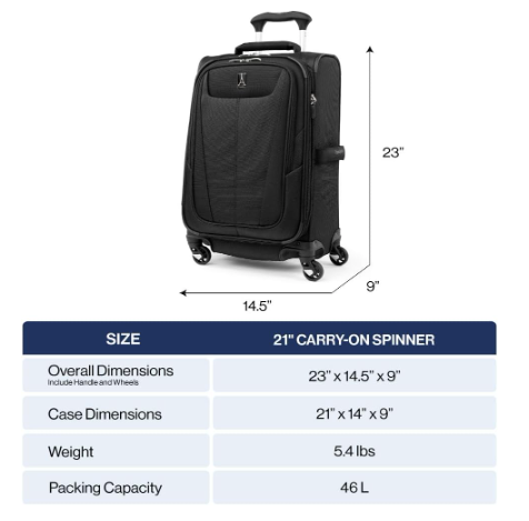 New Travelpro Maxlite 5 Softside 21" Carry-On Luggage Spinner, Black