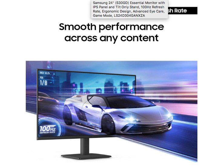 New Open Box Samsung 24" (S30GD) Essential Monitor With IPS Panel, Tilt Stand
