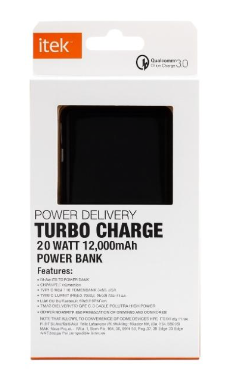 New Itek Power Delivery Turbo Charge 20 Watt 12,000mAh Power Bank, Black